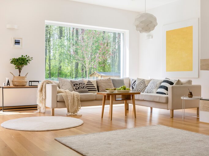 Wohnzimmer mit Sofa und Dekokissen | © AdobeStock/Photographee.eu